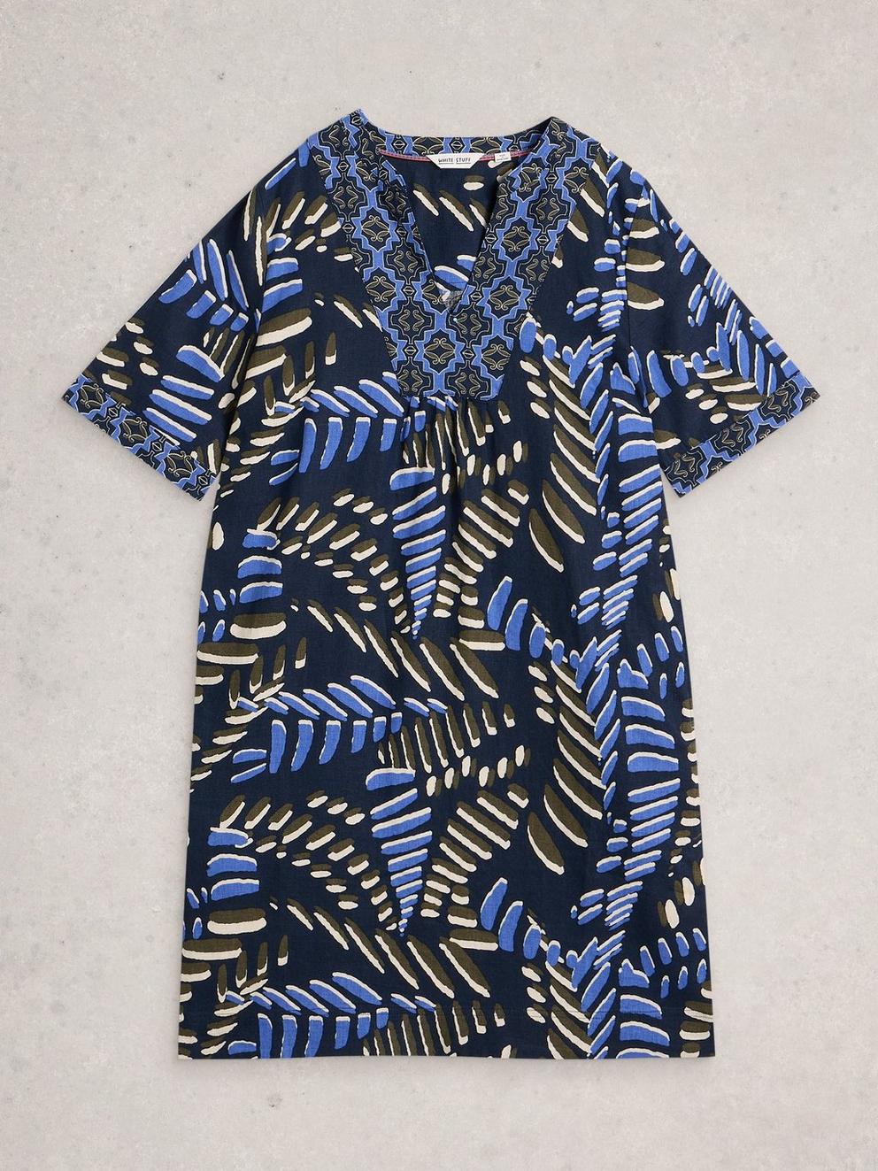 Ash Notch Neck Linen Dress in NAVY PR - FLAT FRONT