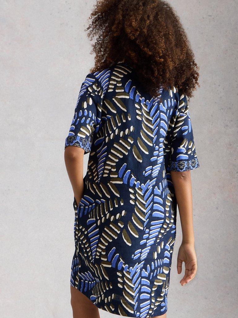 Ash Notch Neck Linen Dress in NAVY PR - MODEL BACK