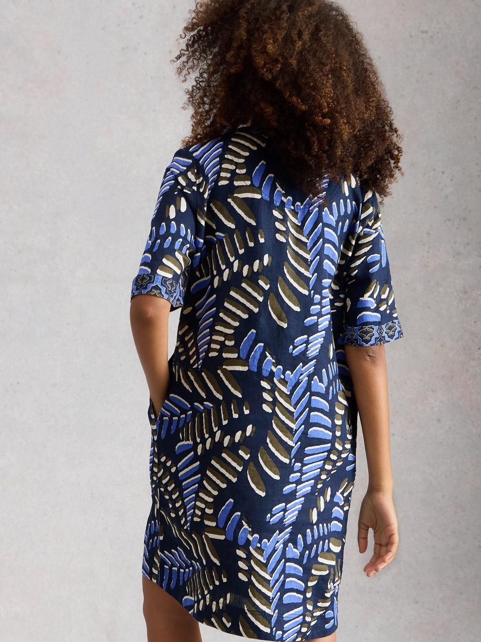 Ash Notch Neck Linen Dress in NAVY PR - MODEL BACK