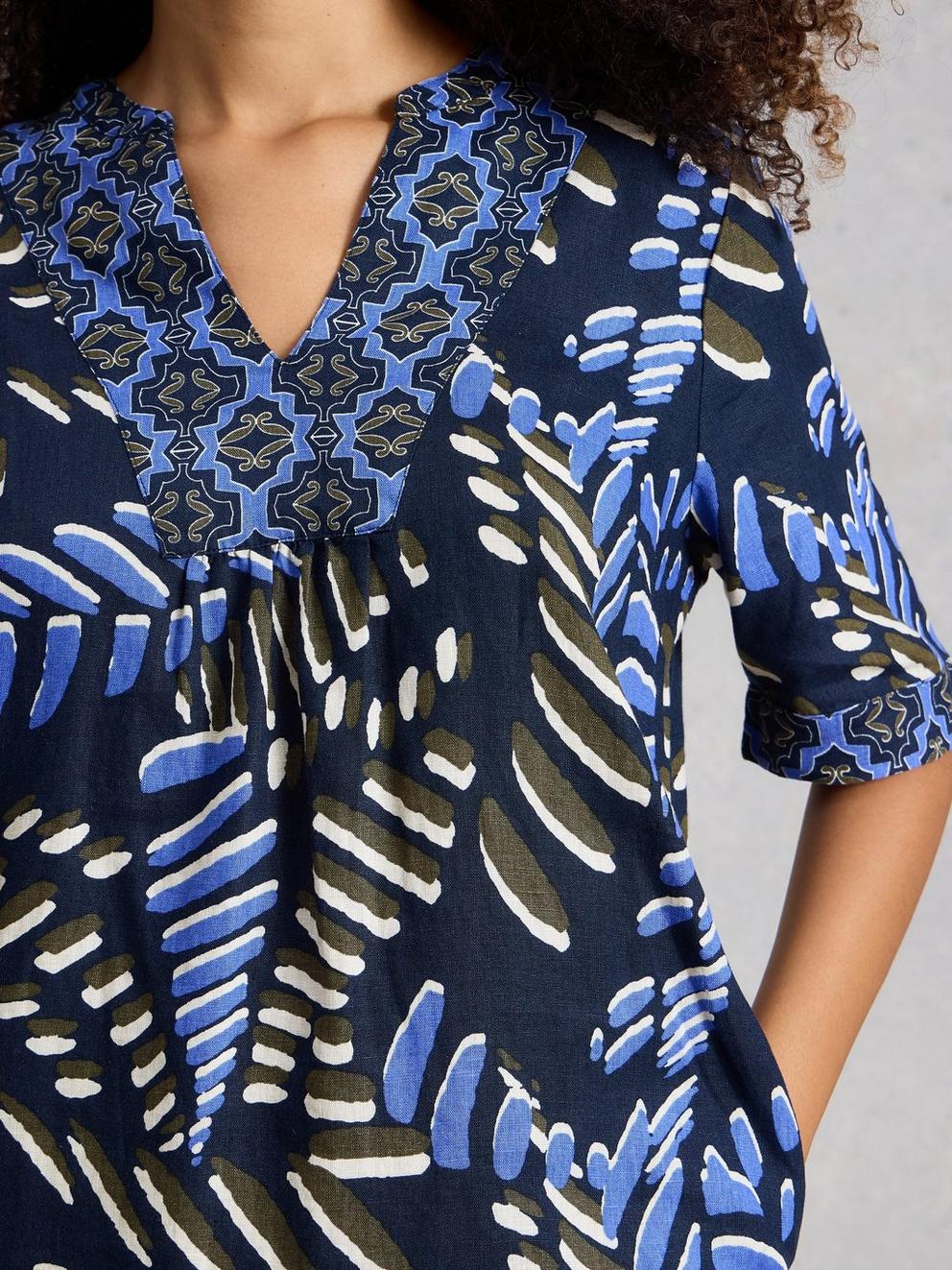 Ash Notch Neck Linen Dress in NAVY PR - MODEL DETAIL