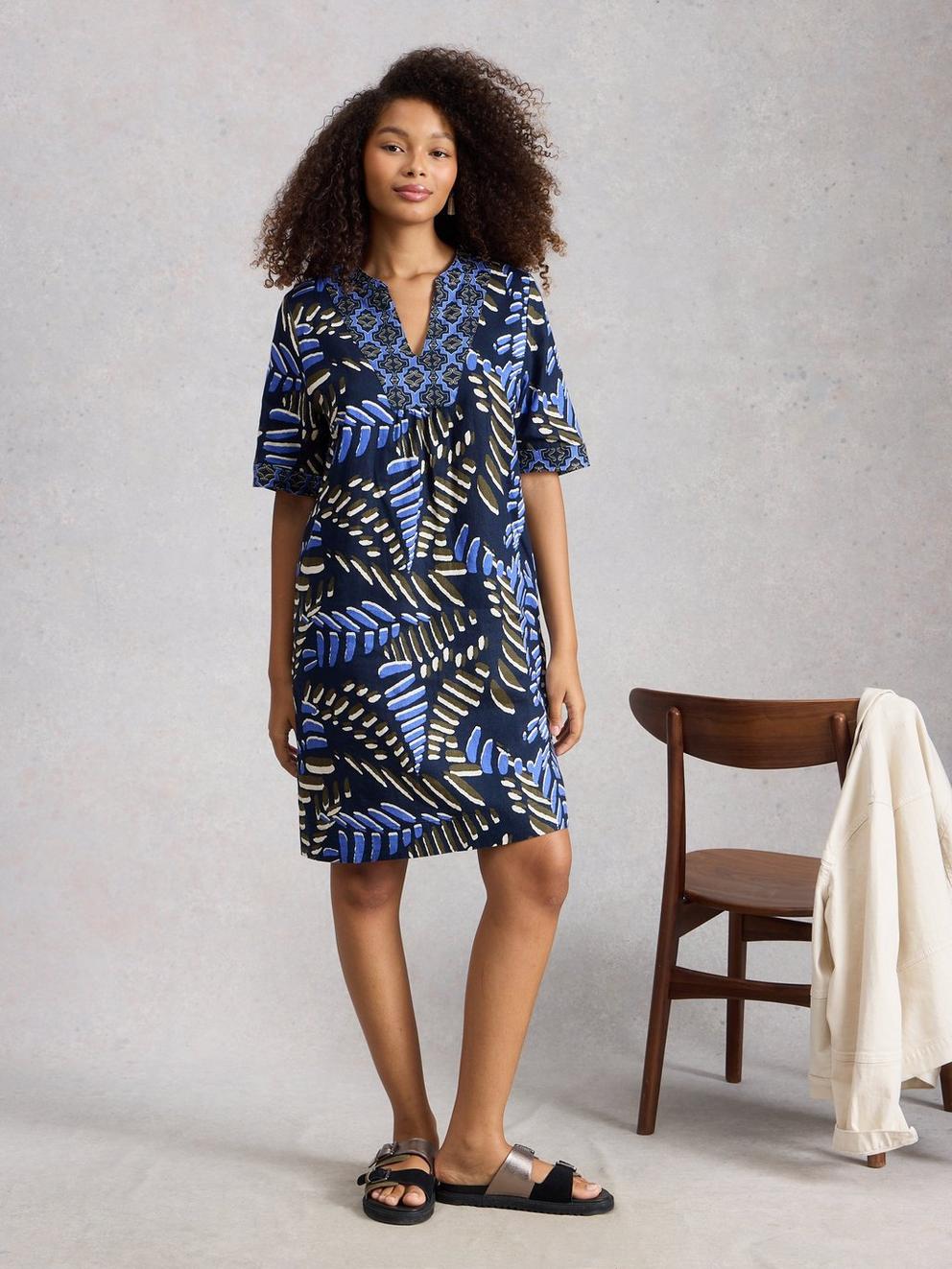 Ash Notch Neck Linen Dress in NAVY PR - MODEL FRONT