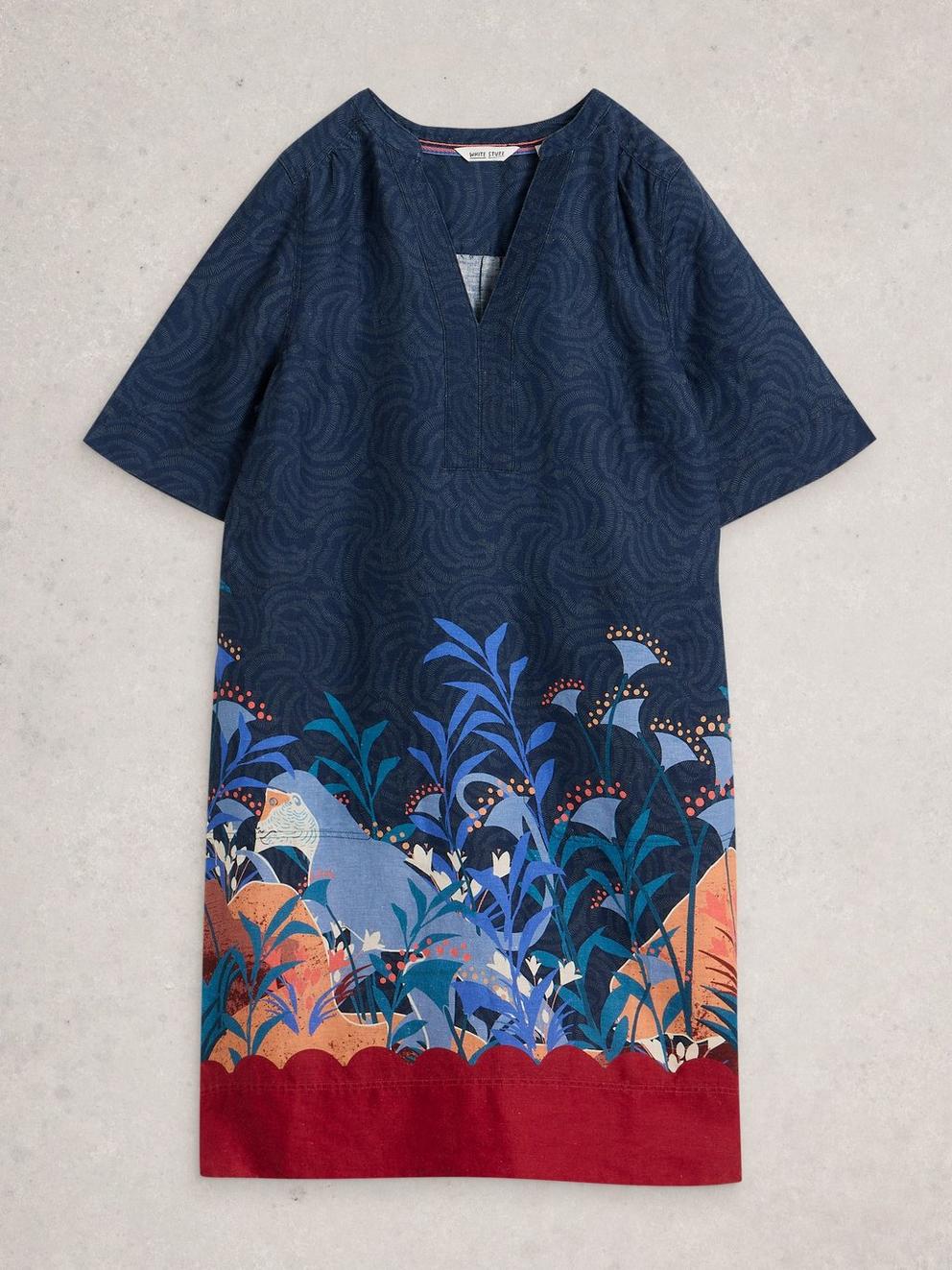 June Linen Notch Neck Dress in NAVY PR - FLAT FRONT