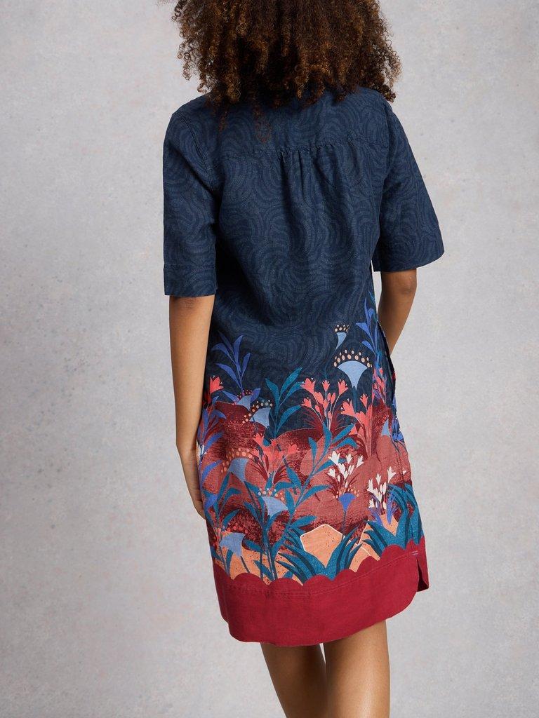 June Linen Notch Neck Dress in NAVY PR - MODEL BACK
