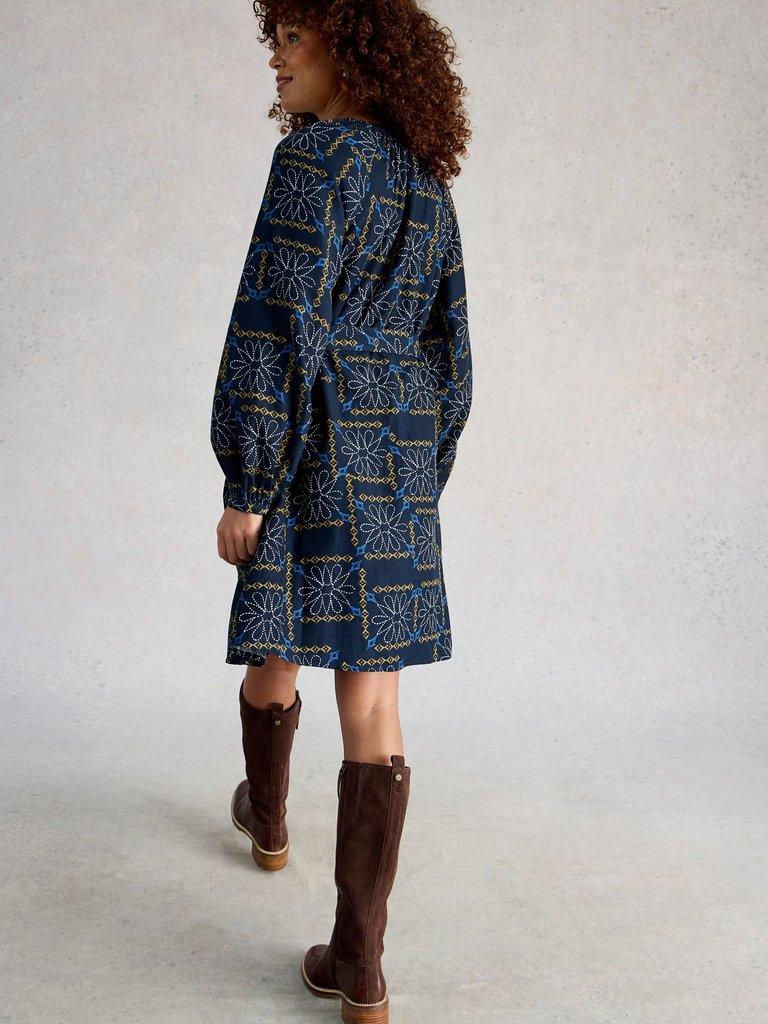 Monique Swing Dress in BLUE MLT - MODEL BACK