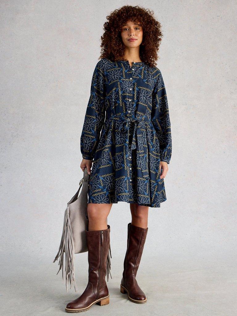 Monique Swing Dress in BLUE MLT - MODEL FRONT