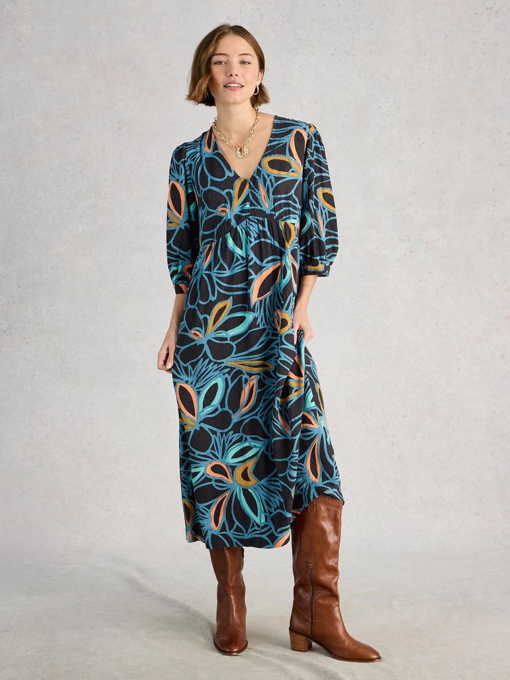 Lucy Print Midi Dress in BLK MLT - MODEL FRONT