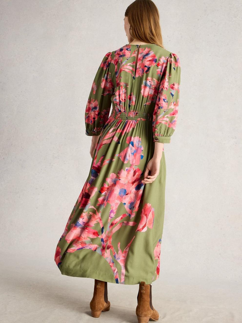 Lucy Print Midi Dress in GREEN MLT - MODEL BACK