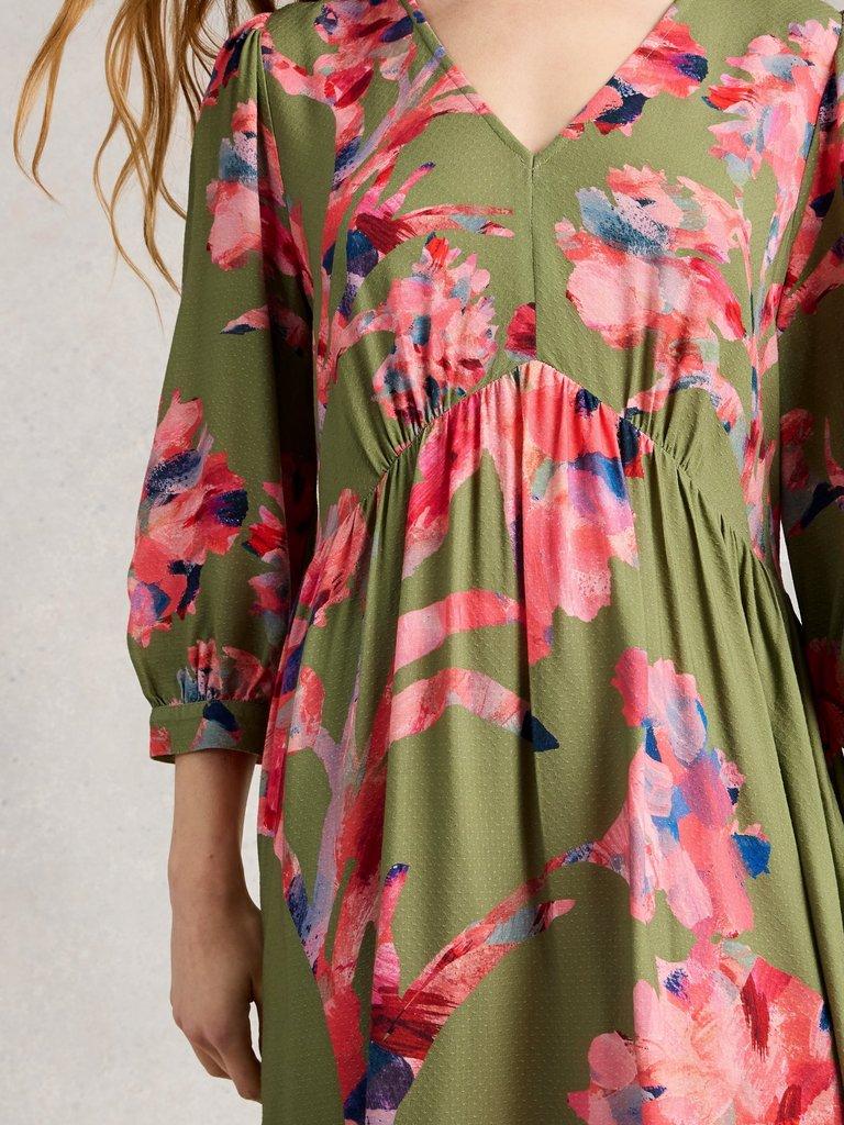 Lucy Print Midi Dress in GREEN MLT - MODEL DETAIL