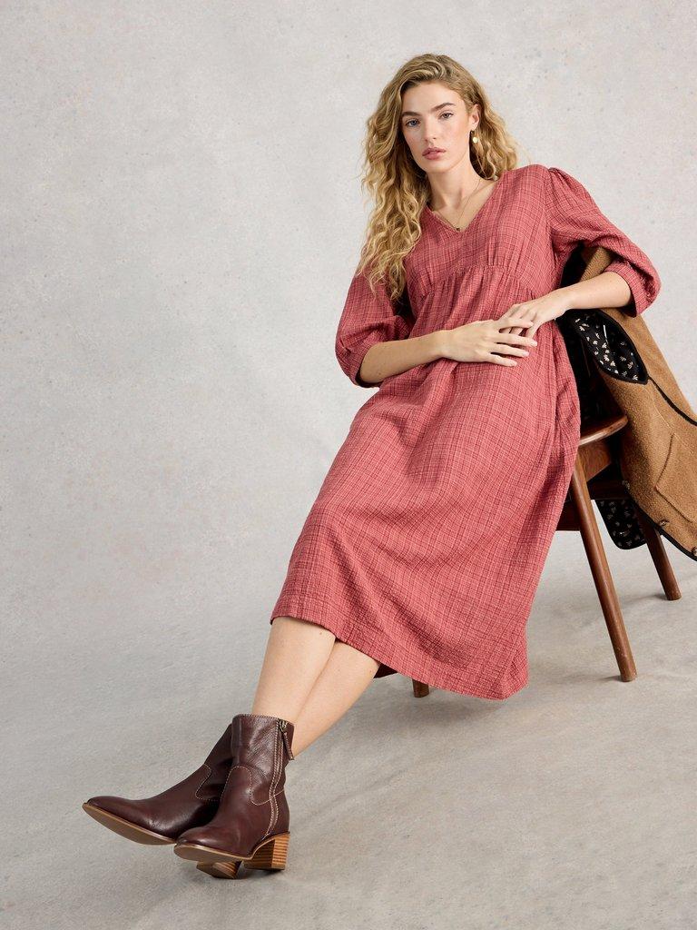 Lucy Print Midi Dress in MID PINK - MODEL DETAIL