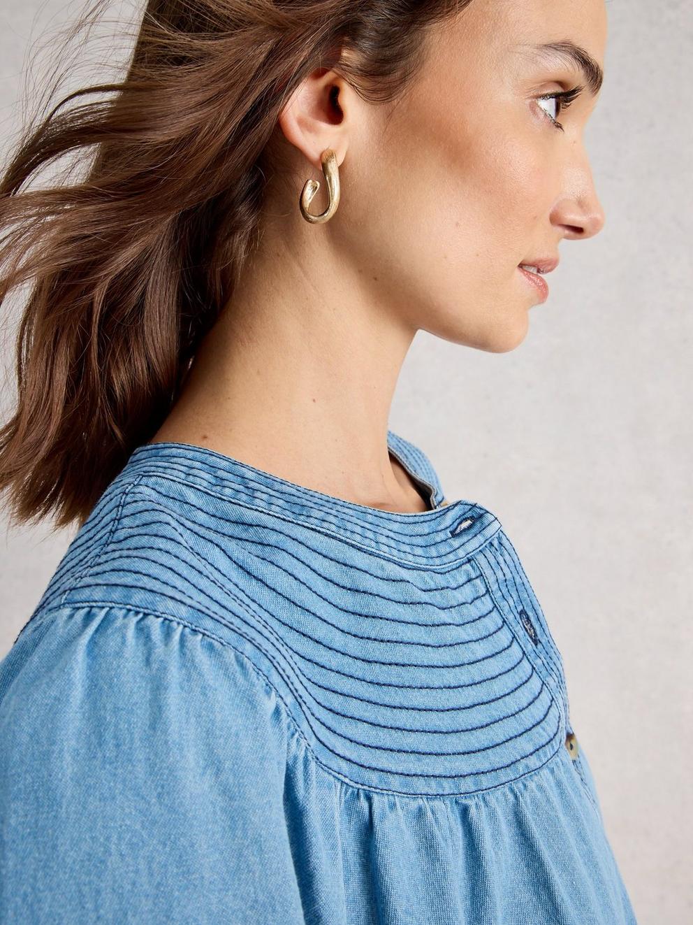 Asher Denim Dress in CHAMB BLUE - MODEL DETAIL