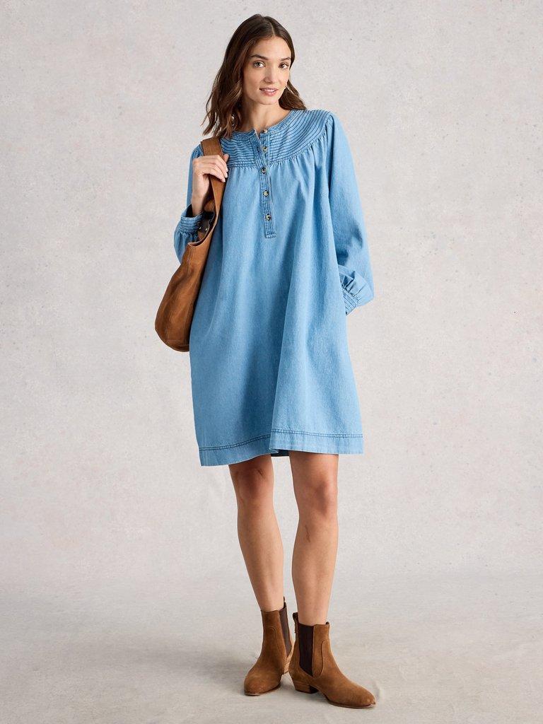 Asher Denim Dress in CHAMB BLUE - MODEL FRONT