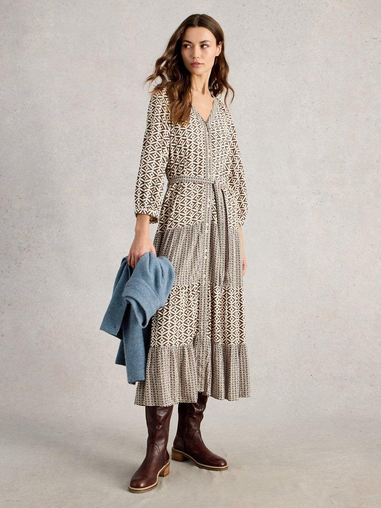 Clementine Midi Dress in BLK MLT - MODEL FRONT