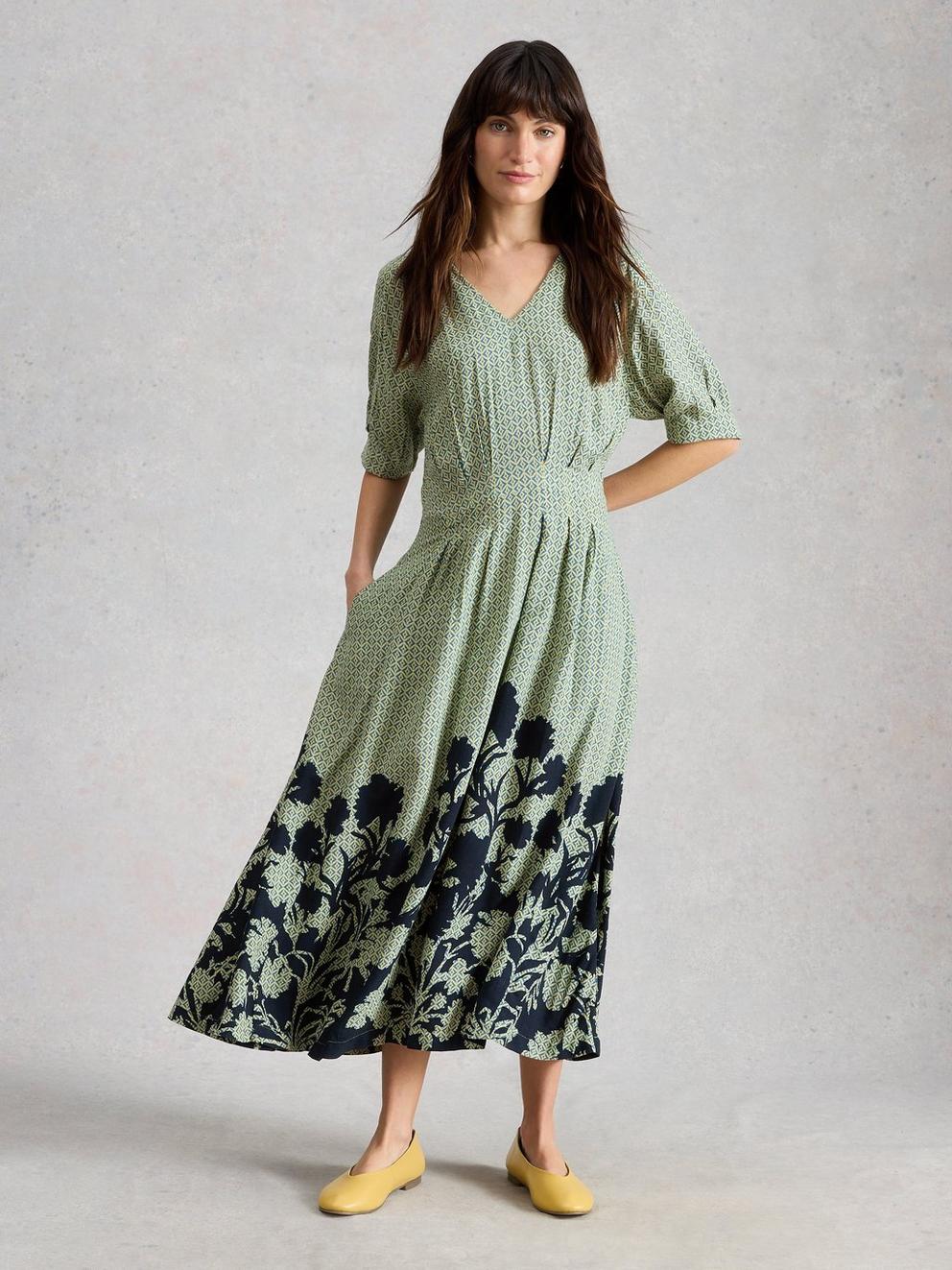 Kate V Neck Midi Dress in GREEN PR - MODEL FRONT