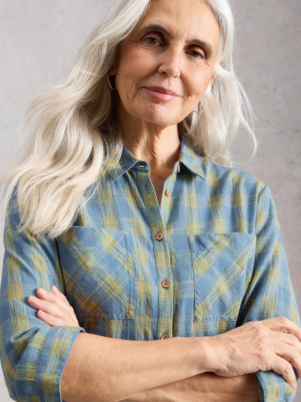 Sophie Organic Check Collared Shirt in BLUE MLT - LIFESTYLE