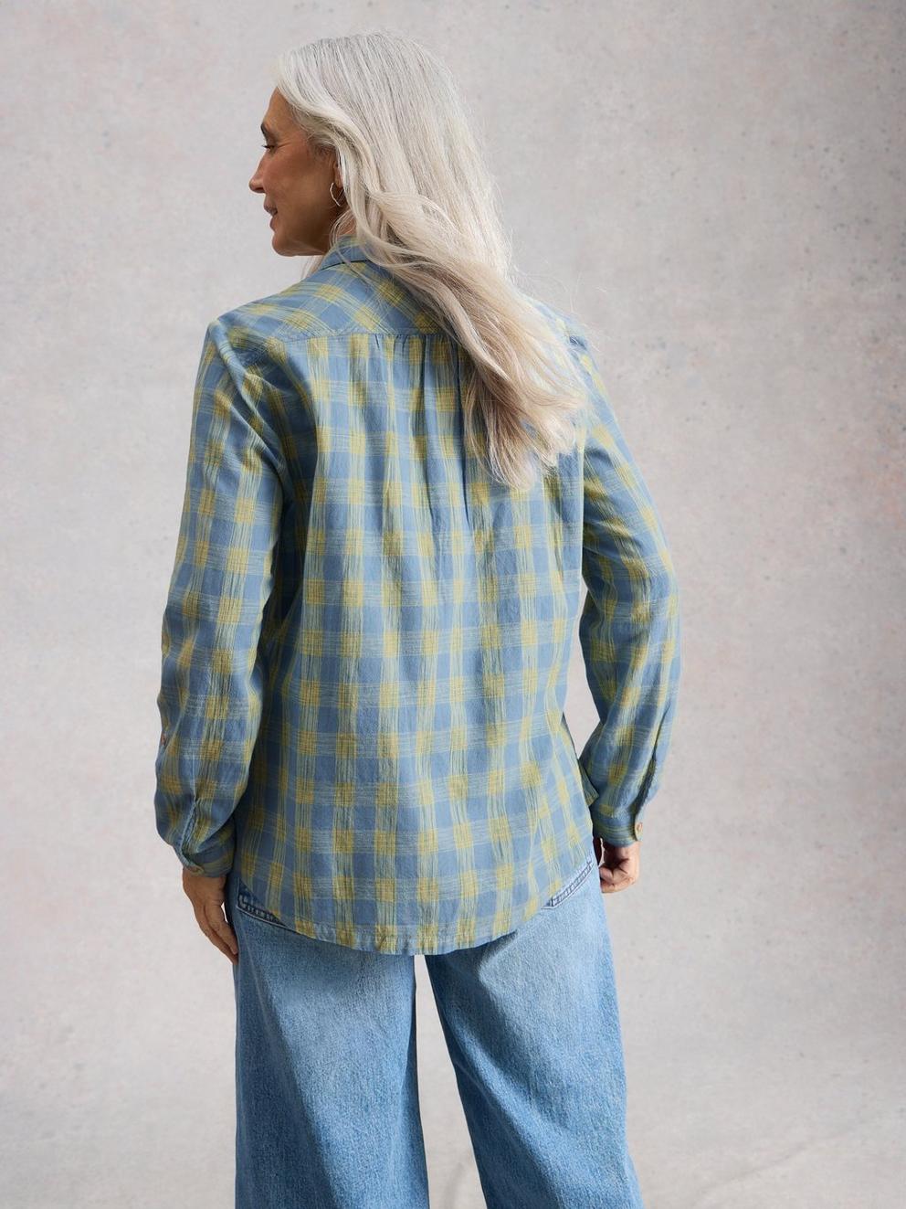 Sophie Organic Check Collared Shirt in BLUE MLT - MODEL BACK