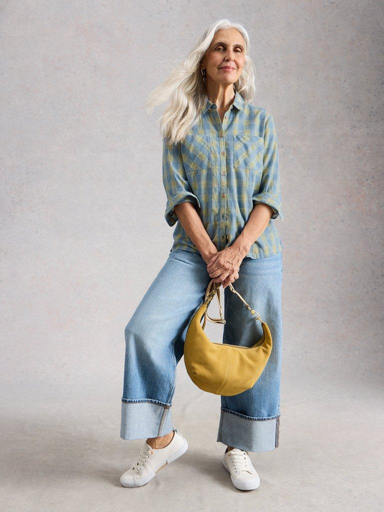 Sophie Organic Check Collared Shirt in BLUE MLT - MODEL FRONT