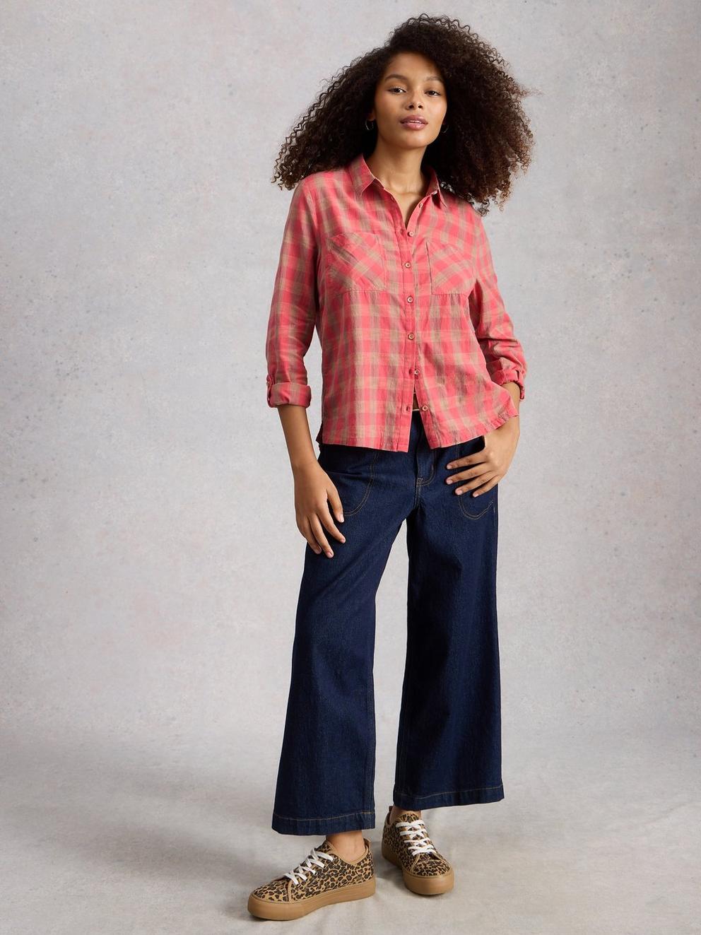 Sophie Organic Check Collared Shirt in PINK MLT - MODEL FRONT