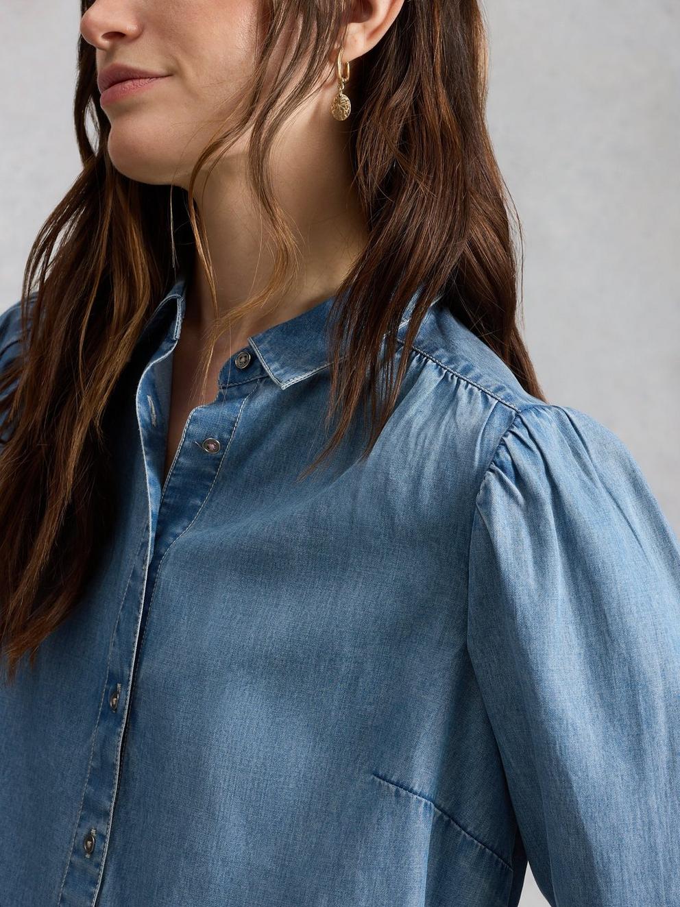 Sienna Shirt in CHAMB BLUE - MODEL DETAIL