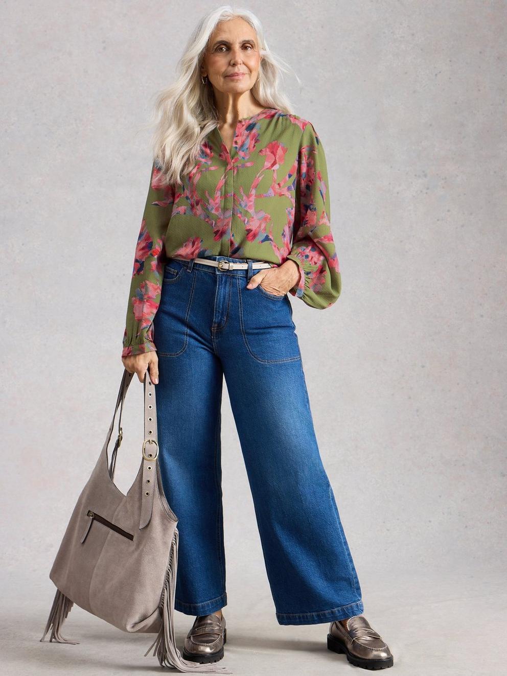 Lana V Neck Top in GREEN MLT - MODEL FRONT