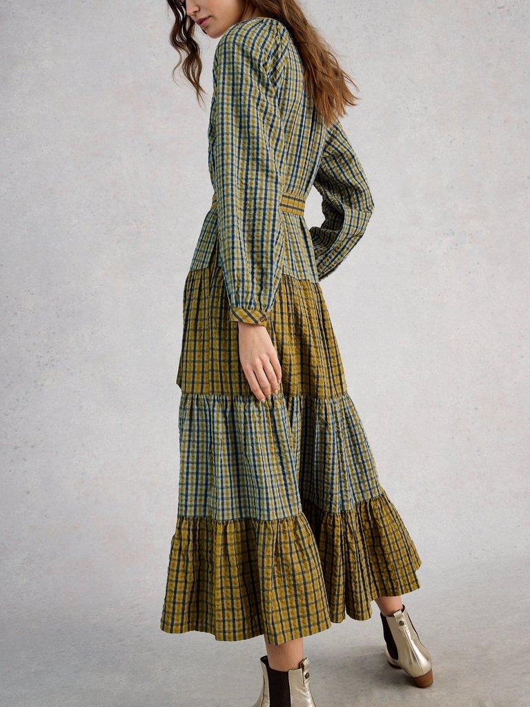 Clementine Check Midi Dress in GREEN MLT - MODEL BACK