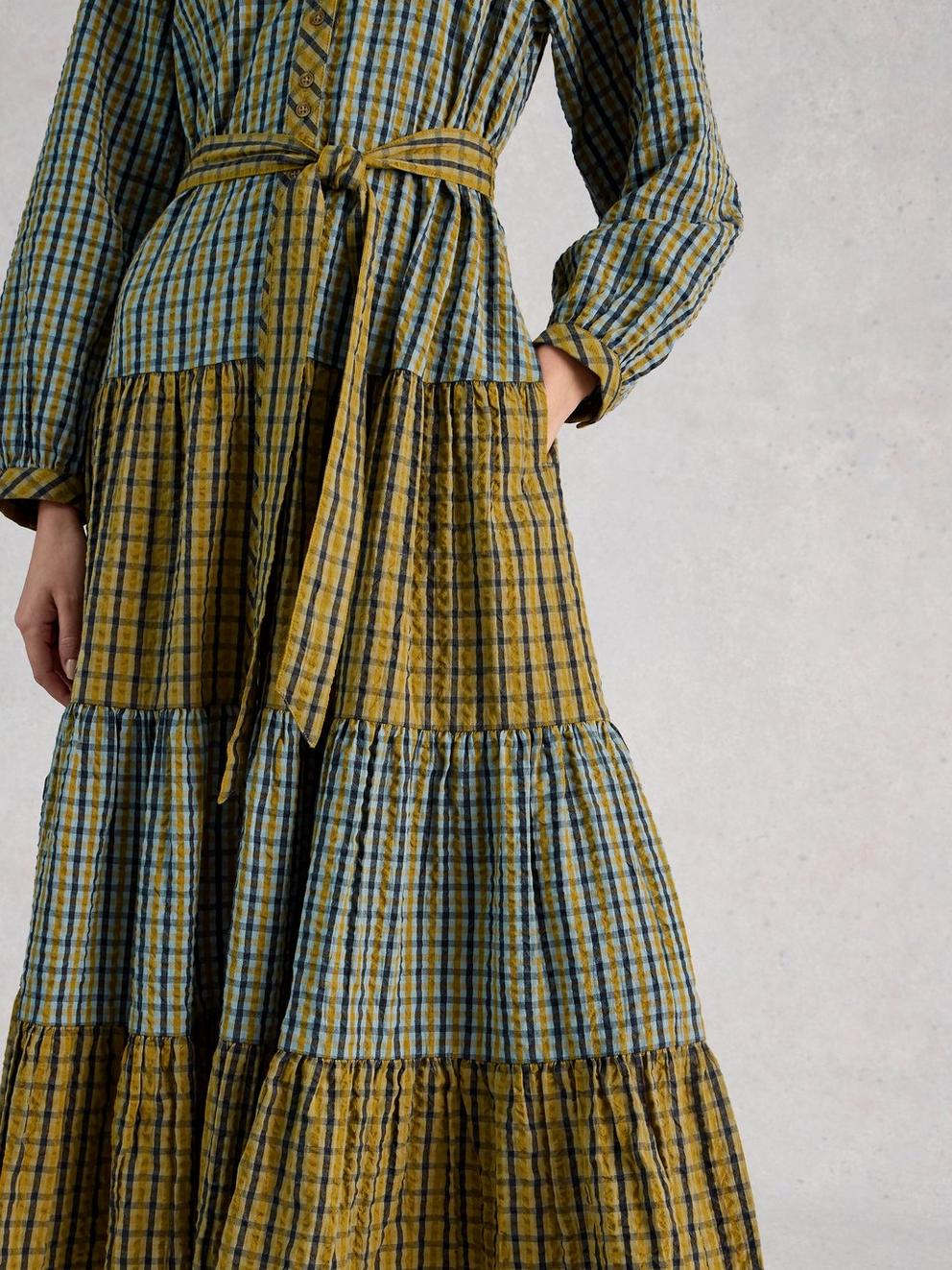 Clementine Check Midi Dress in GREEN MLT - MODEL DETAIL