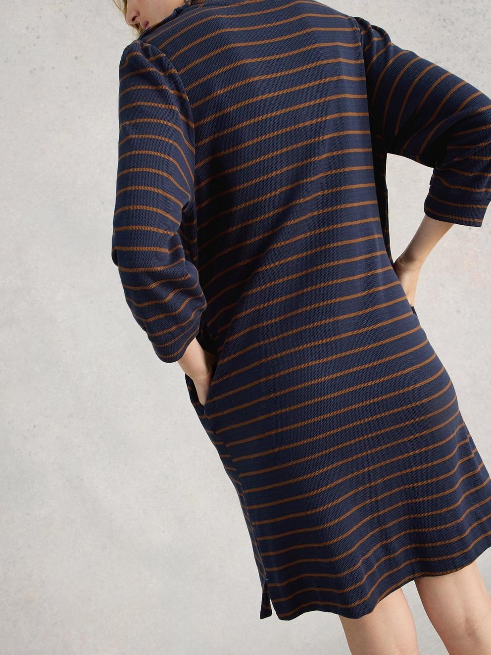 Amy Striped Dress in NAVY MULTI - MODEL BACK
