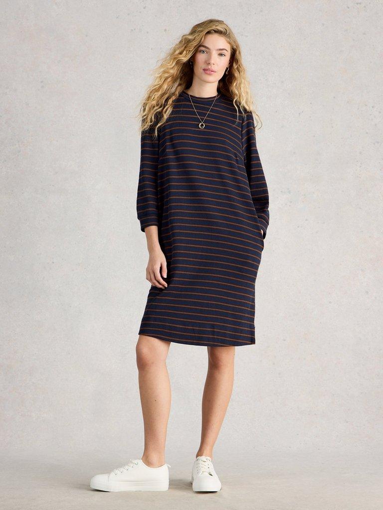 Amy Striped Dress in NAVY MULTI - MODEL FRONT