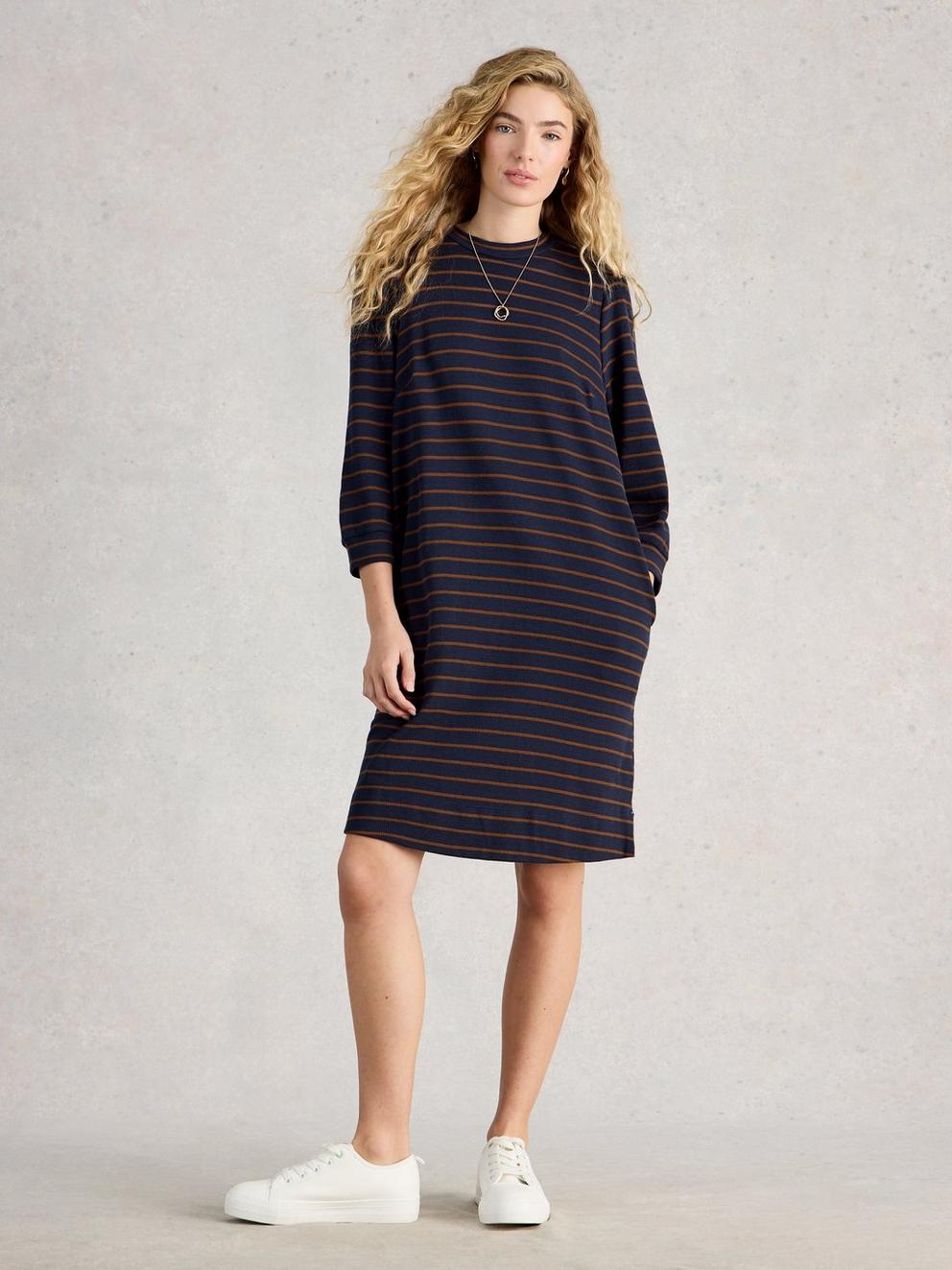 Amy Striped Dress in NAVY MULTI - MODEL FRONT