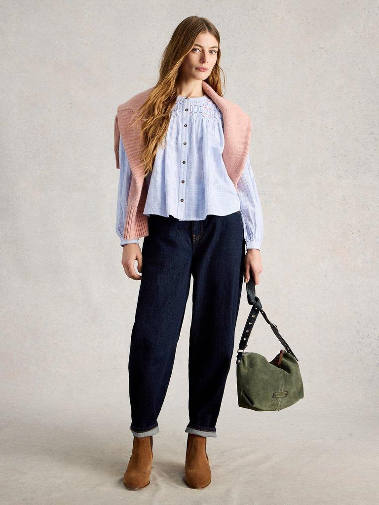 Sammy Smock Top in BLUE MLT - MODEL FRONT