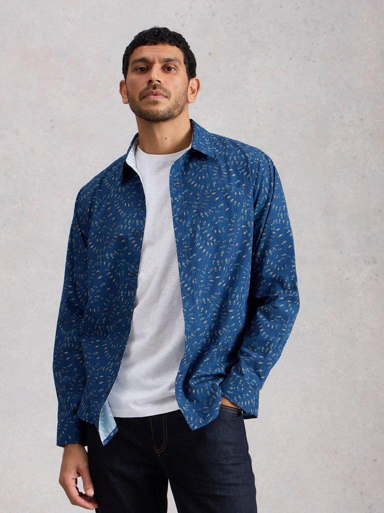 Finsbury Swim Fish Print Shirt in BLUE PR - MODEL DETAIL