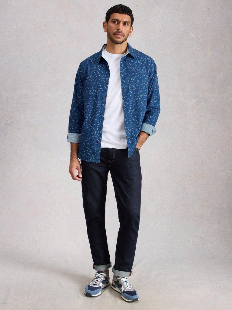 Finsbury Swim Fish Print Shirt in BLUE PR - MODEL FRONT