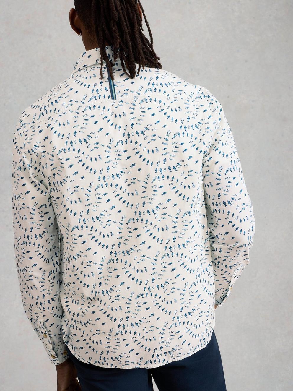 Finsbury Swim Fish Print Shirt in WHITE PR - MODEL BACK