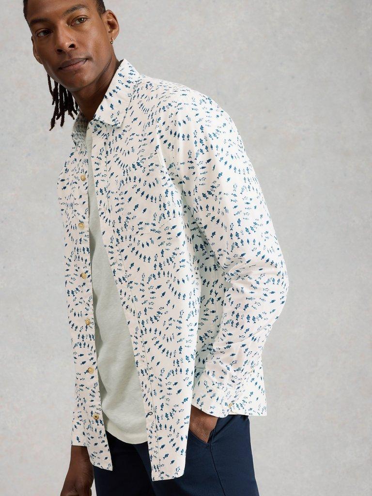 Finsbury Swim Fish Print Shirt in WHITE PR - MODEL DETAIL