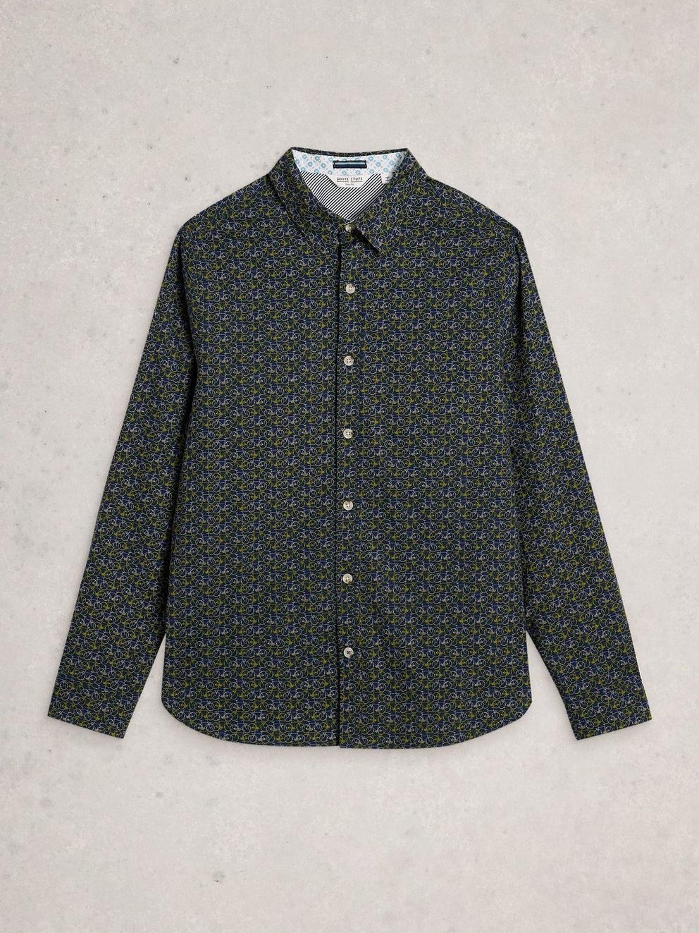 Salcombe Bike Print Shirt in NAVY PR - FLAT FRONT