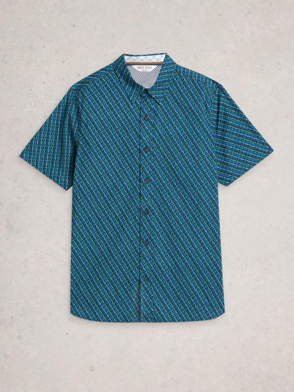 Salcombe SS Fish Print Shirt in NAVY PR - FLAT FRONT