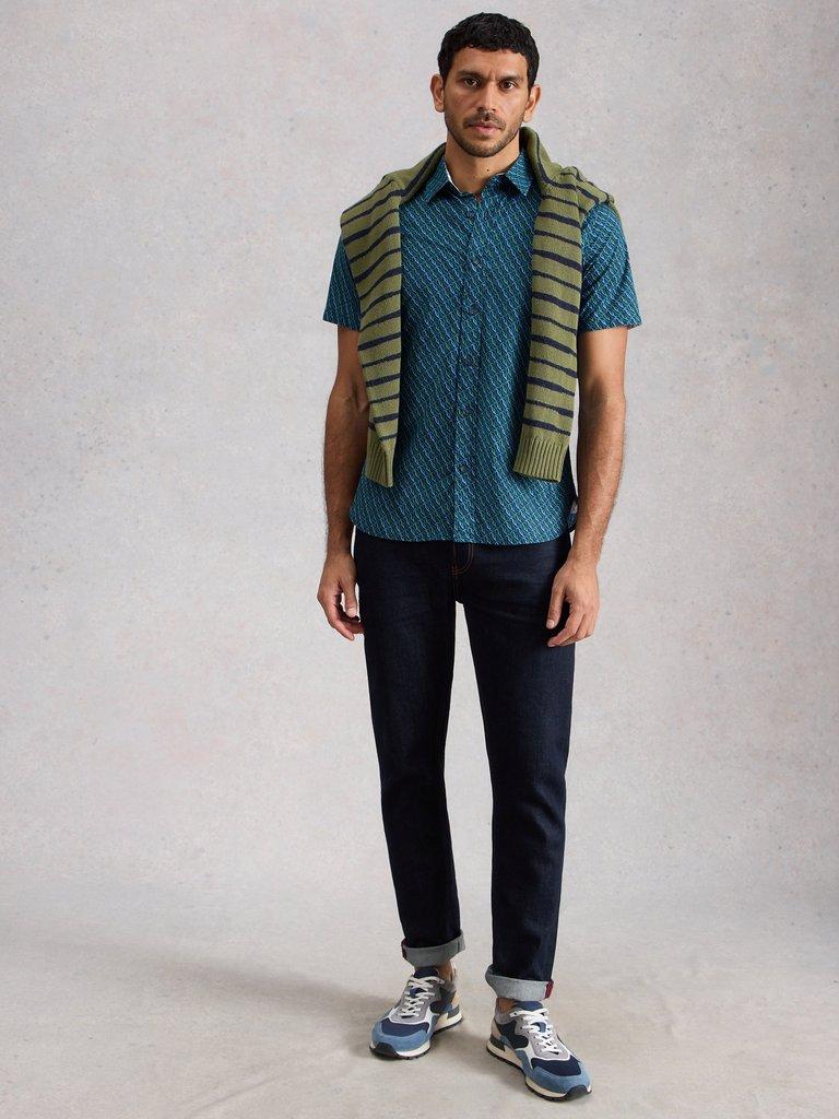 Salcombe SS Fish Print Shirt in NAVY PR - MODEL FRONT