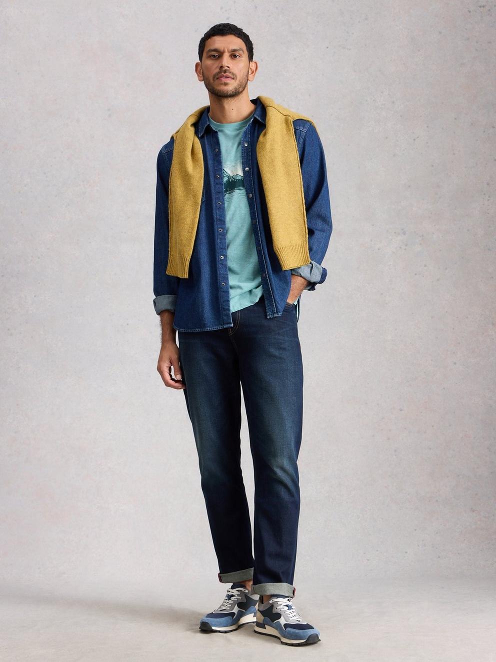 Abersoch Fishin Graphic Tee in BLUE PR - MODEL FRONT