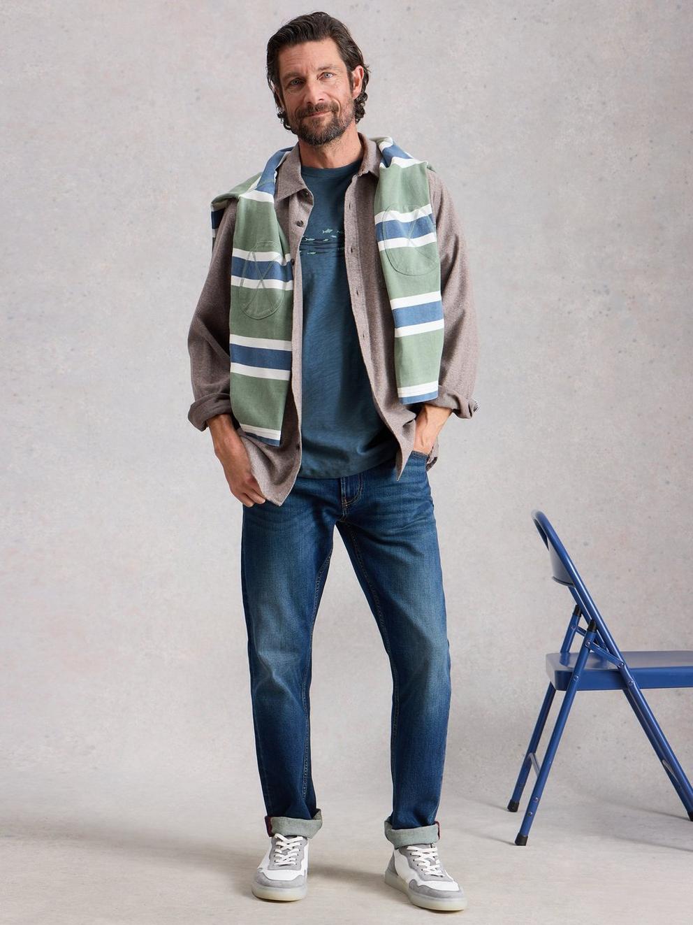 Abersoch Swim Fish Graphic Tee in NAVY PR - MODEL FRONT