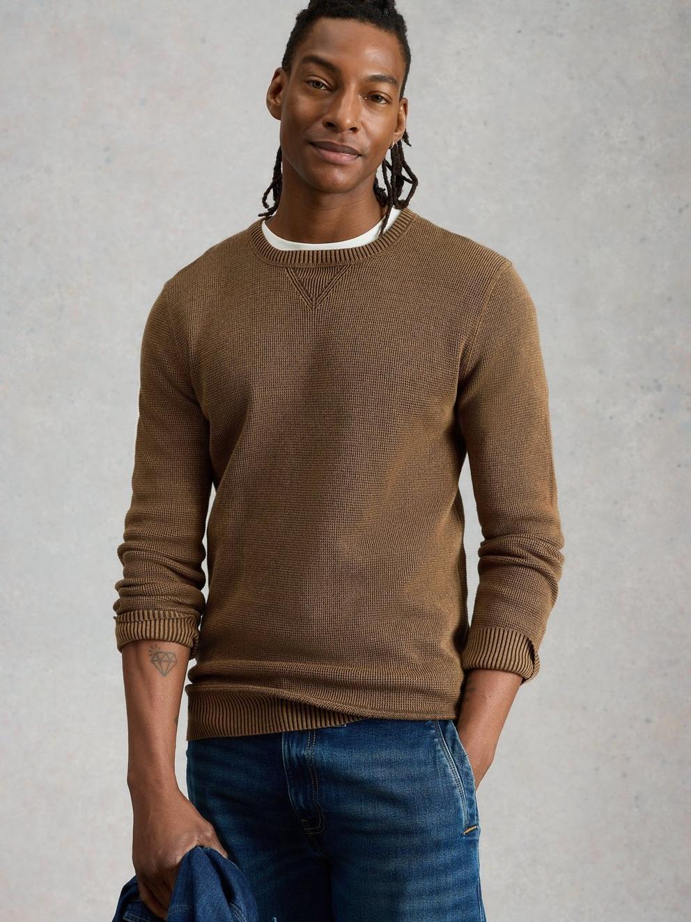 Attadale Long Sleeve Crew Neck Jumper in DK BROWN - MODEL BACK