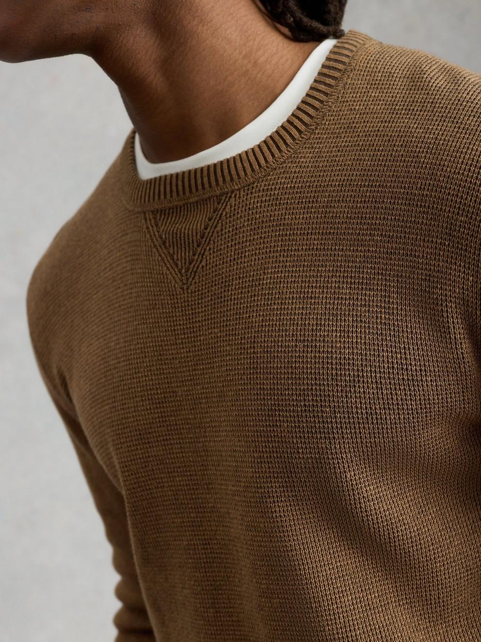 Attadale Long Sleeve Crew Neck Jumper in DK BROWN - MODEL DETAIL