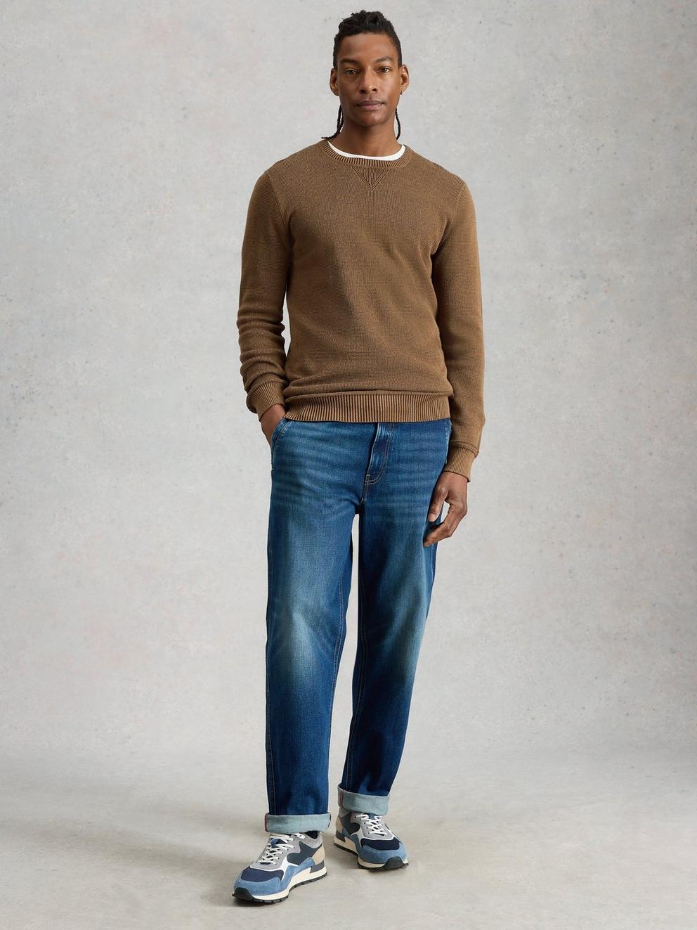 Attadale Long Sleeve Crew Neck Jumper in DK BROWN - MODEL FRONT