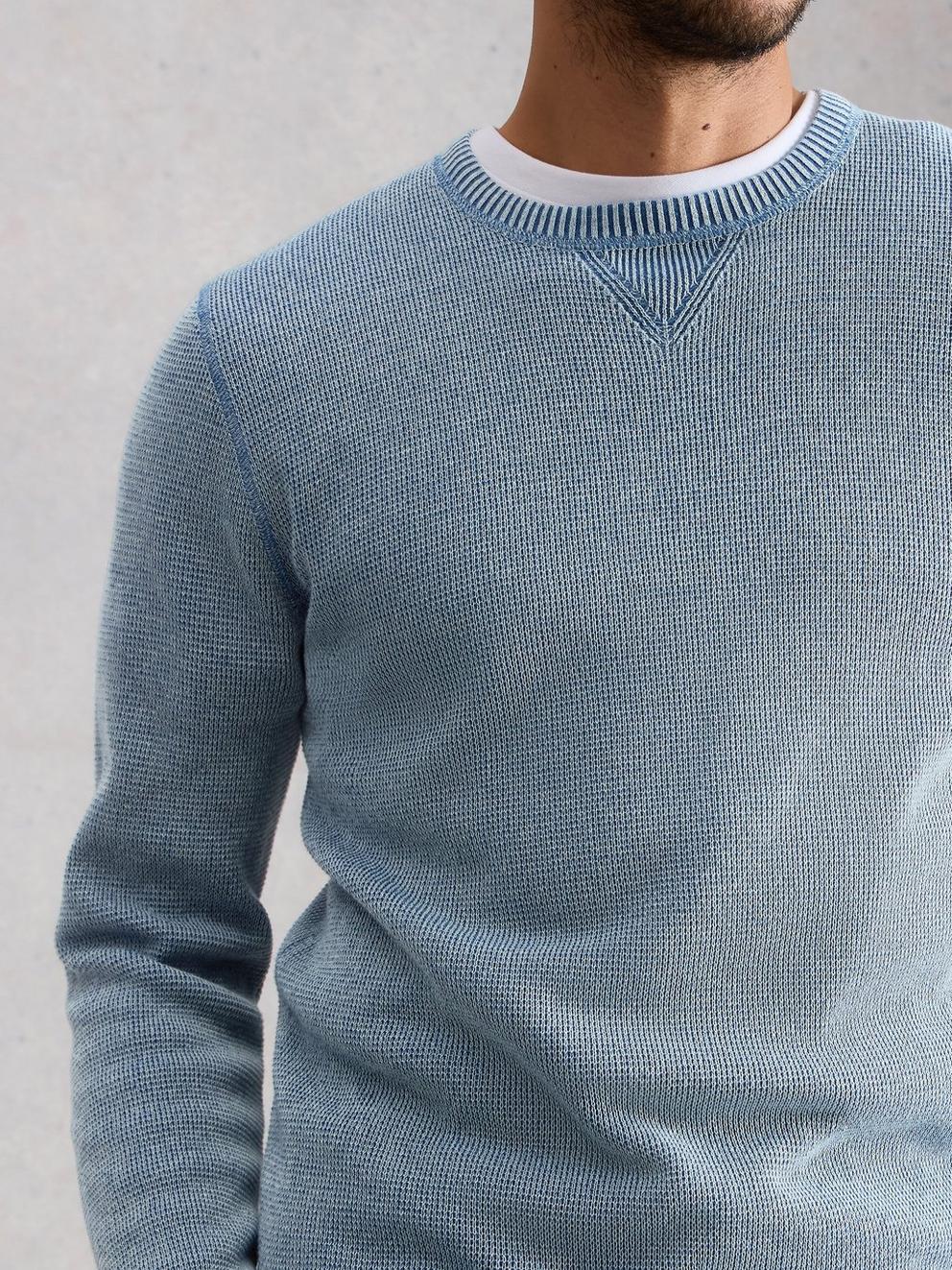 Attadale Long Sleeve Crew Neck Jumper in MID BLUE - MODEL DETAIL