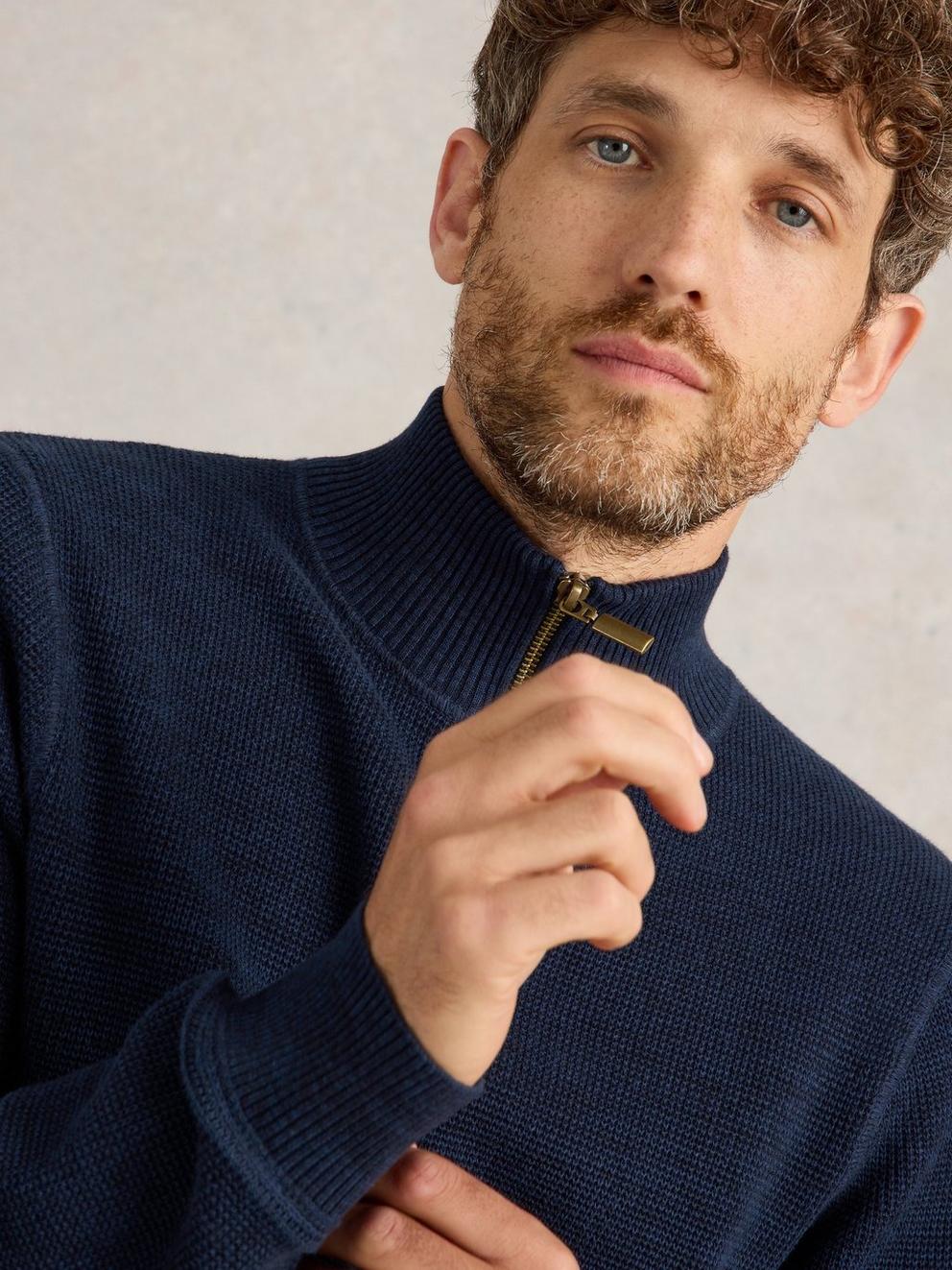 Mens Attadale Funnel Neck Jumper in DARK NAVY - MODEL DETAIL