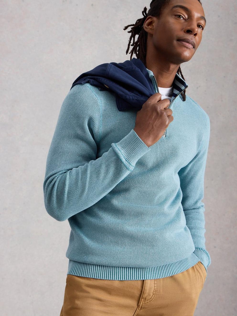 Mens Attadale Funnel Neck Jumper in LGT BLUE - MODEL DETAIL