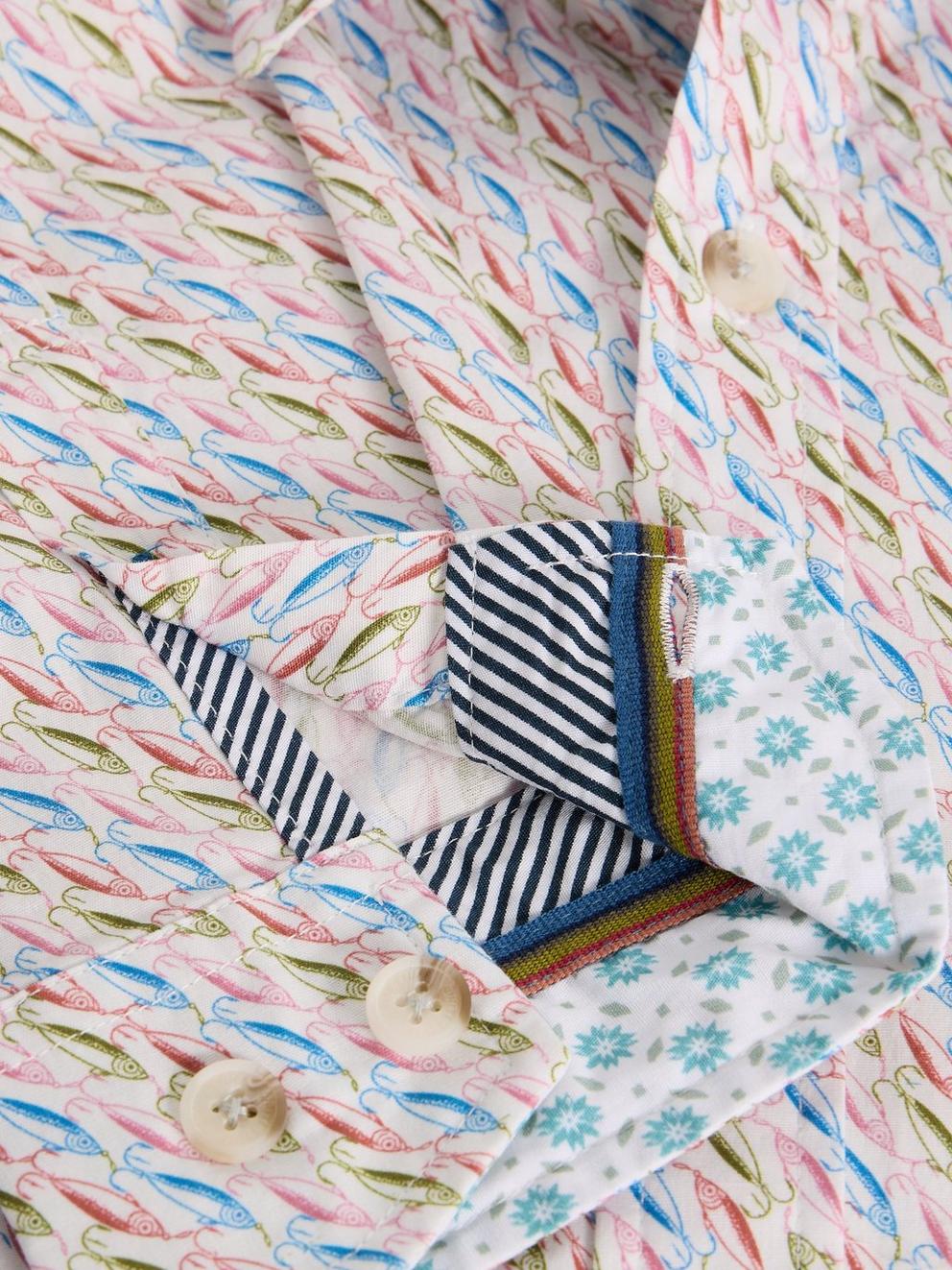 Salcombe LS Fish Print Shirt in WHITE PR - FLAT DETAIL