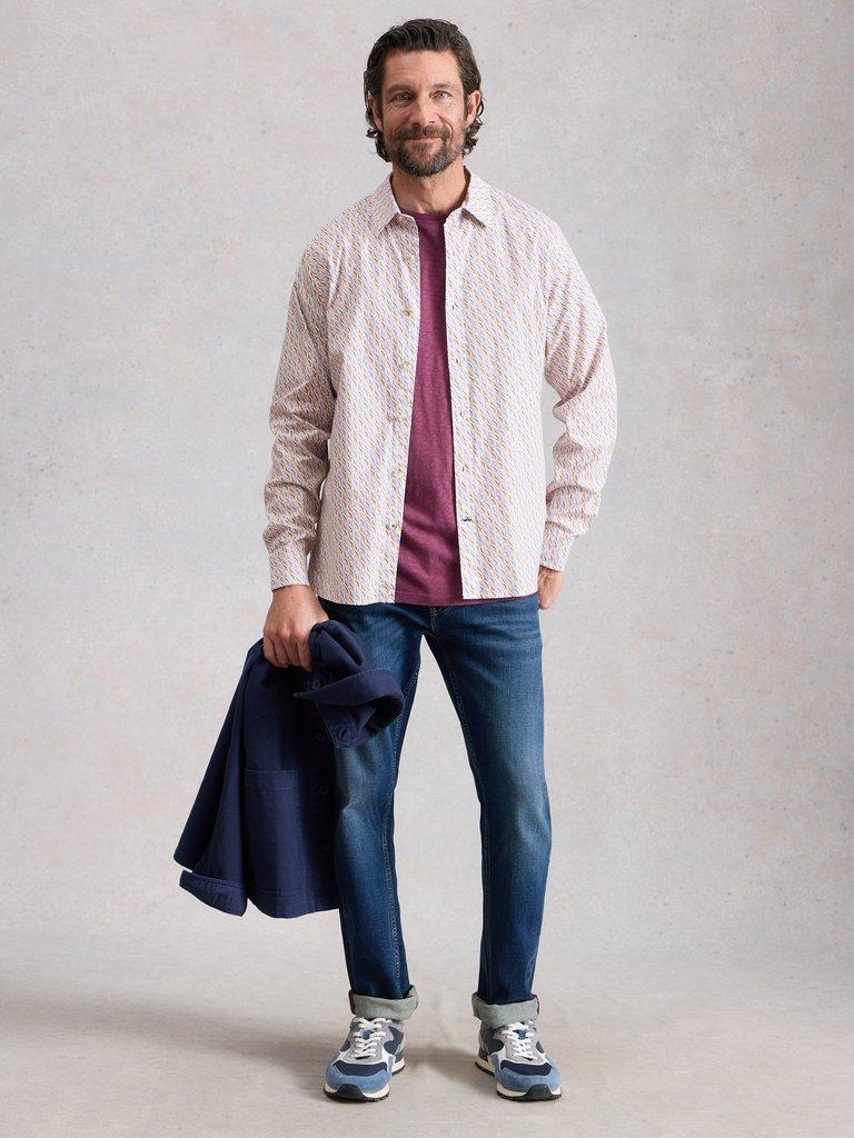 Salcombe LS Fish Print Shirt in WHITE PR - MODEL FRONT