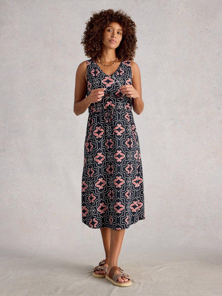 Womens Heidi Jersey Dress in NAVY MULTI - MODEL FRONT