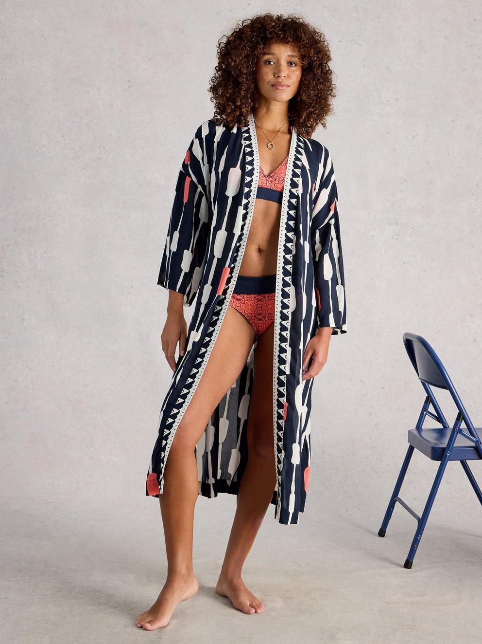 Poppy Cover Up Kimono in NAVY MULTI - MODEL FRONT
