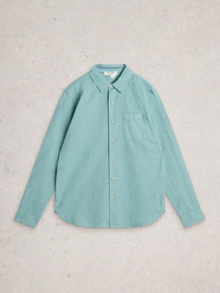 Ely Linen Cotton Collared Shirt in MID BLUE - FLAT FRONT