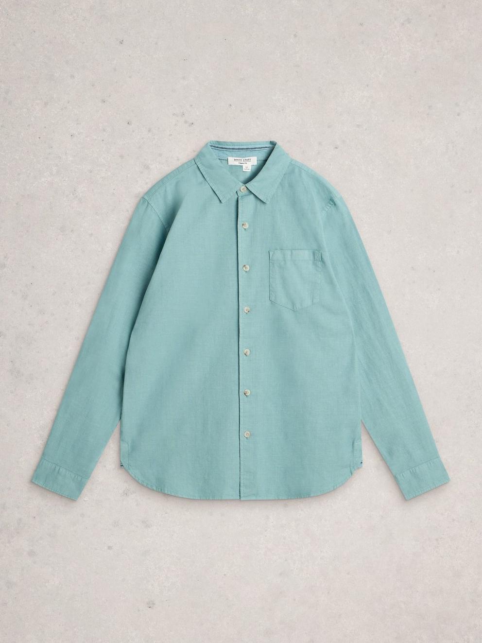 Ely Linen Cotton Collared Shirt in MID BLUE - FLAT FRONT